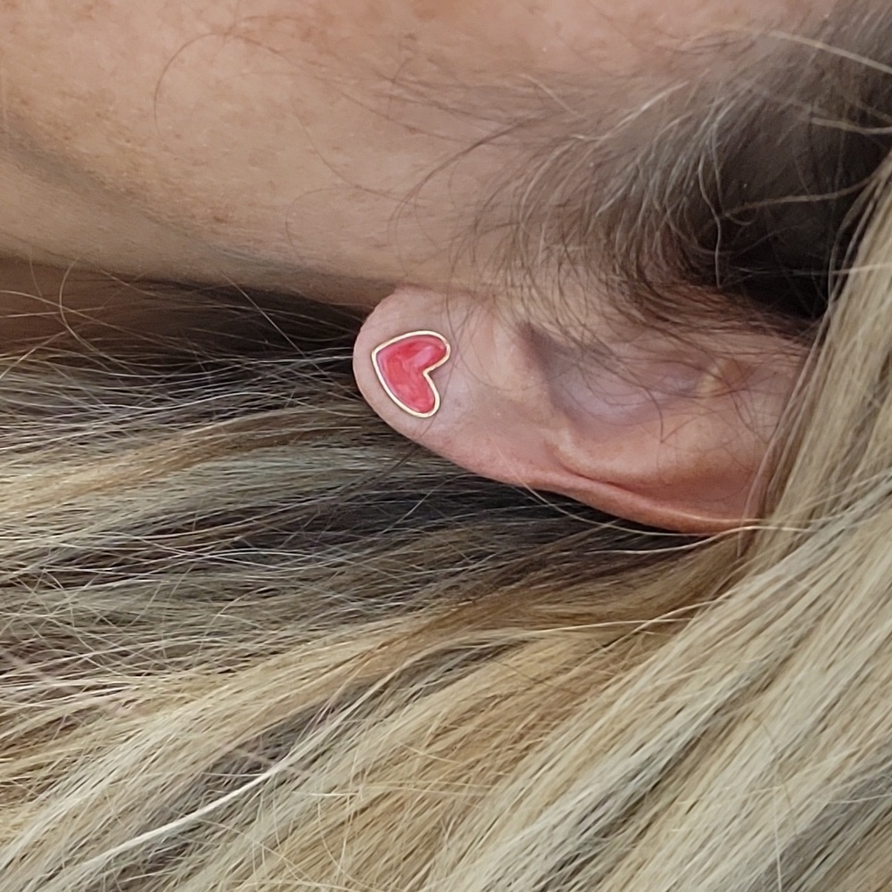 Pink Painted Enamel Heart Stud Earrings - Picture 2 of 4